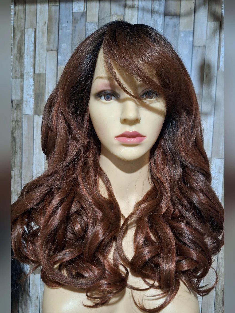 Luxurious Long Wavy Human Hair Blend Wig - Chestnut Brown - Picture 2 of 7
